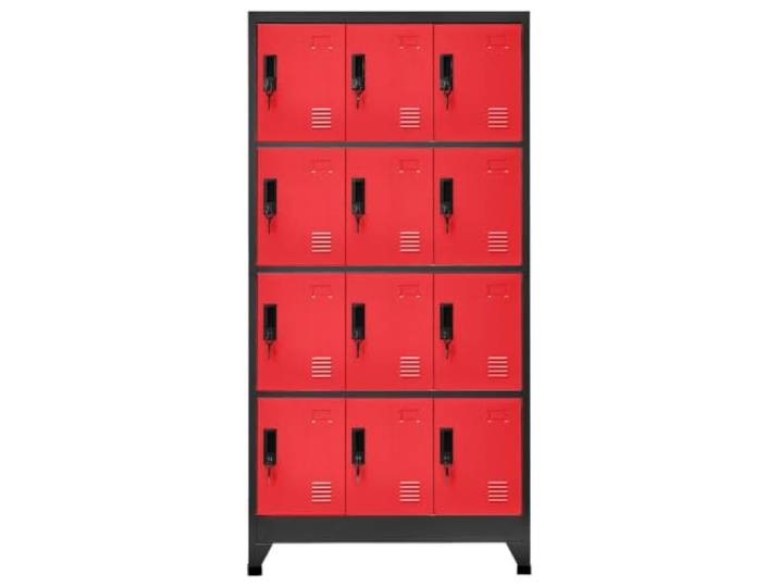 Schrank mit Schloss, Anthrazit und Rot, 90 x 45 x 180 cm, Stahl, 12 Türen 12 Türen mit Schlüssel, 2 Türschlüssel, Lufteinlässe, Kennzeichenhalter, Traglast 180 kg, Wandbefestigung