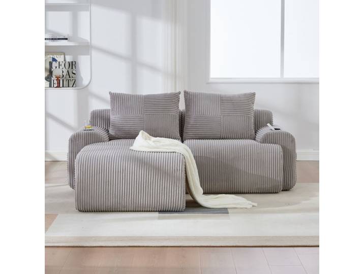 Canapé modulaire 2 places - ZEVKOR - Modulaire 2 places - Velours côtelé - Gris clair - Pouf et porte-gobelet