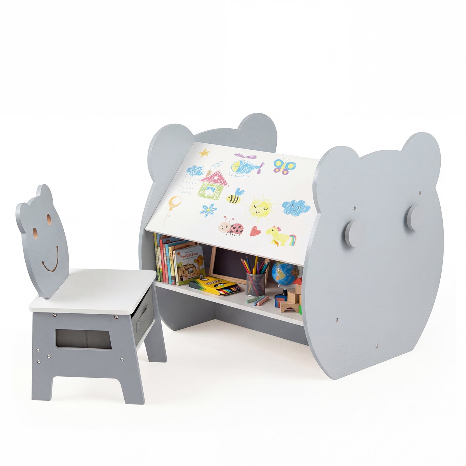 Costway 3 in 1 Kindertafel met Stoel en Activiteiten Set, Grijs