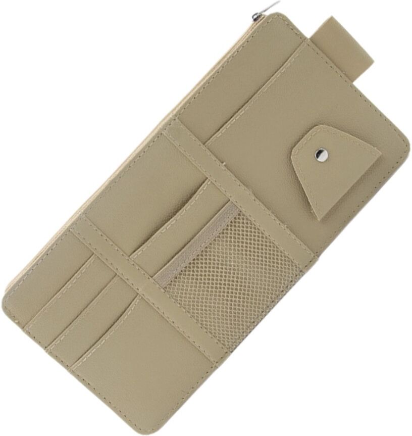 INF Auto-Sonnenblenden-Brillenhalter mit Reißverschluss, PU-Organizer — Multifach-Clip für Quittungen, Karten und Brillen Beige