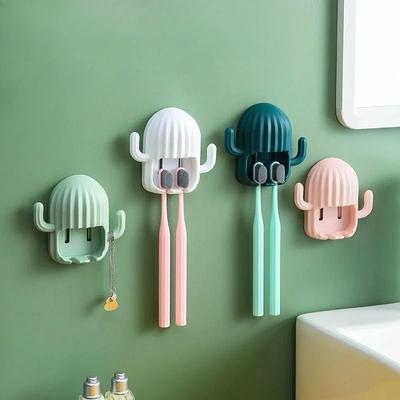 Uplifted Goods Cactus Toothbrush Holder Wall Mounted Self Adhesive white