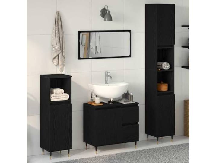 ZQQLVOO Badezimmermöbelset 3 STK. Schwarz Eichen-Optik Hoher Schrank Holzwerkstoff, 3-teilig, moderne Optik, platzsparend, Wandmontage möglich