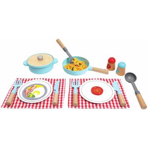 Hape Kinderküchen-Zubehör Koch- & Servierset, Mit Tellern und Besteck, aus Holz, 21-teilig