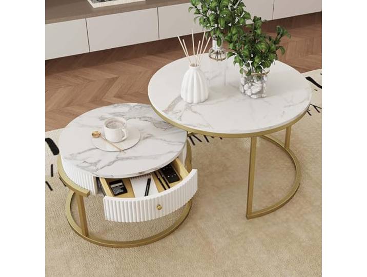 Amveya Couchtisch mit Stauraum, Couchtisch rund 2er Set, Wohnzimmertisch Modern, Coffee Table in Marmor Optik