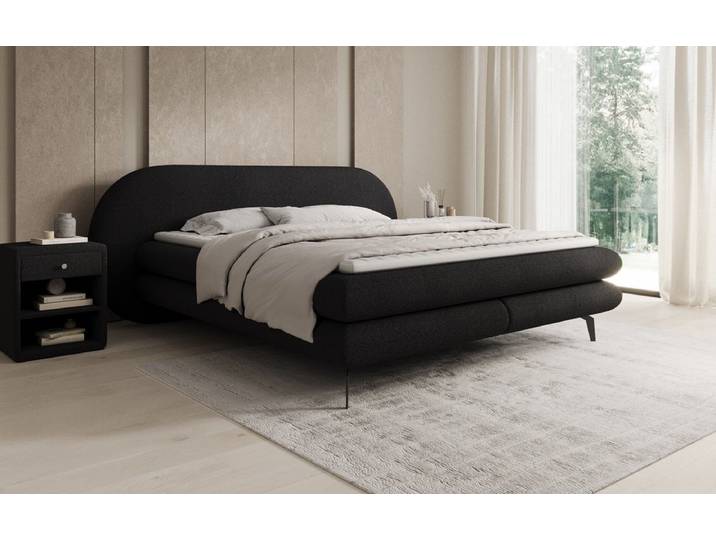 Boxspringbett Marisol mit ovalem Headboard in Bouclé - Schwarz - 160x200 - H2 (bis 70kg) - Luxusbetten24