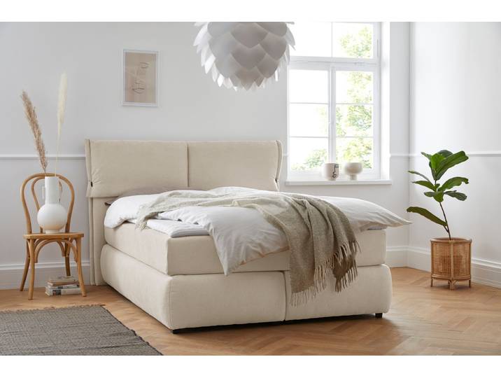 Boxspringbett, Struktur weich, Beige, 168×225 cm, H2-Matratze, Skandinavisch, andas