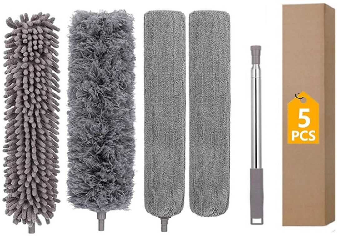 INF Ausziehbarer 5‑teiliger Staubwedel mit dicker Teleskopstange, Chenille-Mikrofaser & Spaltenbürste, waschbar, grau
