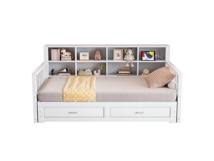 Evryae Jugendbett 90/190 mit Ausziehbett, Ladesteckdose, 2 Schubladen und Lattenrost aus Kiefernholz in Weiß, 4 Fächer, 90x190 cm, Babymöbel & Kindermöbel, Kinderzimmer & Jugendzimmer, Kinderbetten, Kinderbetten & Jugendbetten
