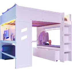 MODFU Hochbett 140x200 mit Schreibtisch, LED-Beleuchtung, USB & Typ-C-Anschlüssen, Stauraum, Weiß, Kiefernholz & MDF
