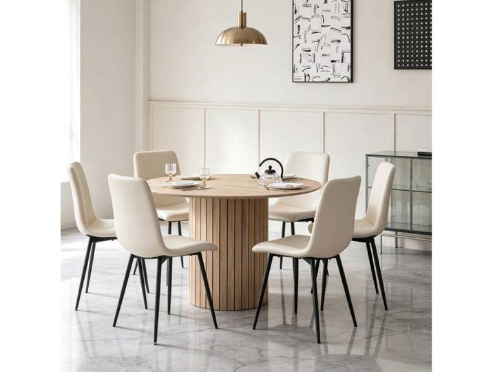 WOVREO Table à manger ronde 120 cm en bois marron clair piètement central cylindrique