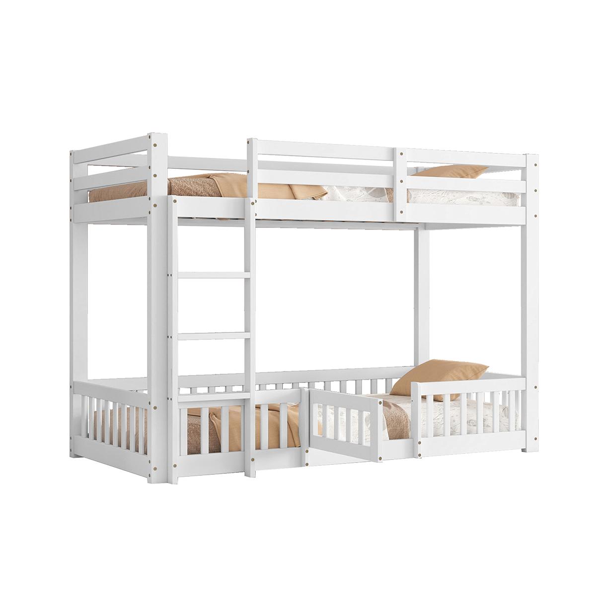 Kinderbett mit rechtwinkliger Treppe Geländer und Tür Absturzsicherung Etagenbett Jugendbett 90x200cm Weiß