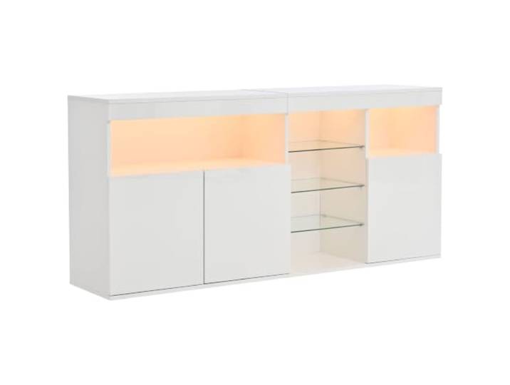 Sideboard 155,5x35x72cm Weiß Hochglanz LED App 3 Türen Spanplatte, Hochglanz-Front, 3 Türen, 3 Glasböden, LED-App, 155,5x35x72cm, max. 50kg
