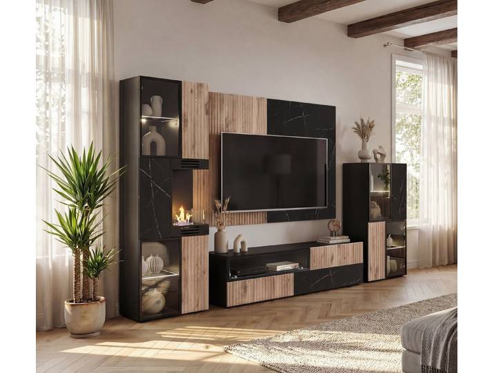 ASM-Moebel Wohnwand Wohnwand CANNES CS2 W-K mit Bio Ethanol Kamin LED und Push - Click, Mit Bio-Ethanol Kamin, Led Beleuchtung und Push - Click System
