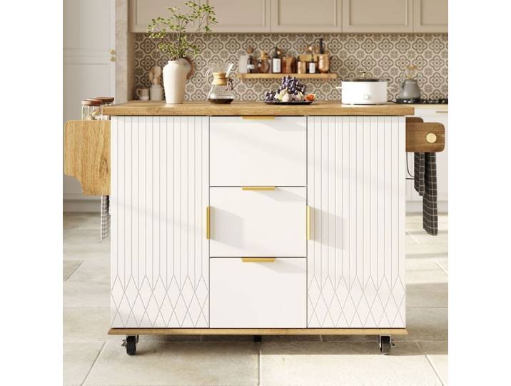 Îlot de cuisine avec plan de travail rabattable et prise électrique îlot de cuisine mobile sur roulettes blanc