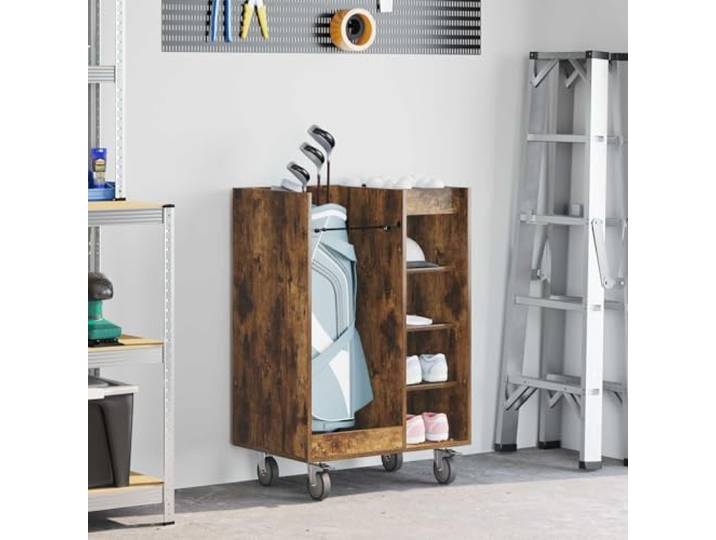 ZXQVLMRS Golfschrank Geräucherte Eiche Schrank, 65 x 45 x 98 cm Mobil dank 4 Rollen, Metallrückwand für Stabilität, Stauraum für Golfausrüstung