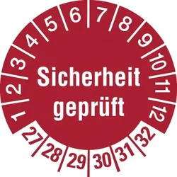 König Werbeanlagen Prüfplakette ab 27, Sicherheit geprüft, Rot/Weiß, Folie, Ø 30 mm - Bogen = 10 Plaketten - 30 mm Folie selbstklebend