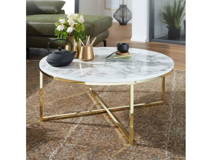 Table basse ronde effet marbre en mdf, blanc