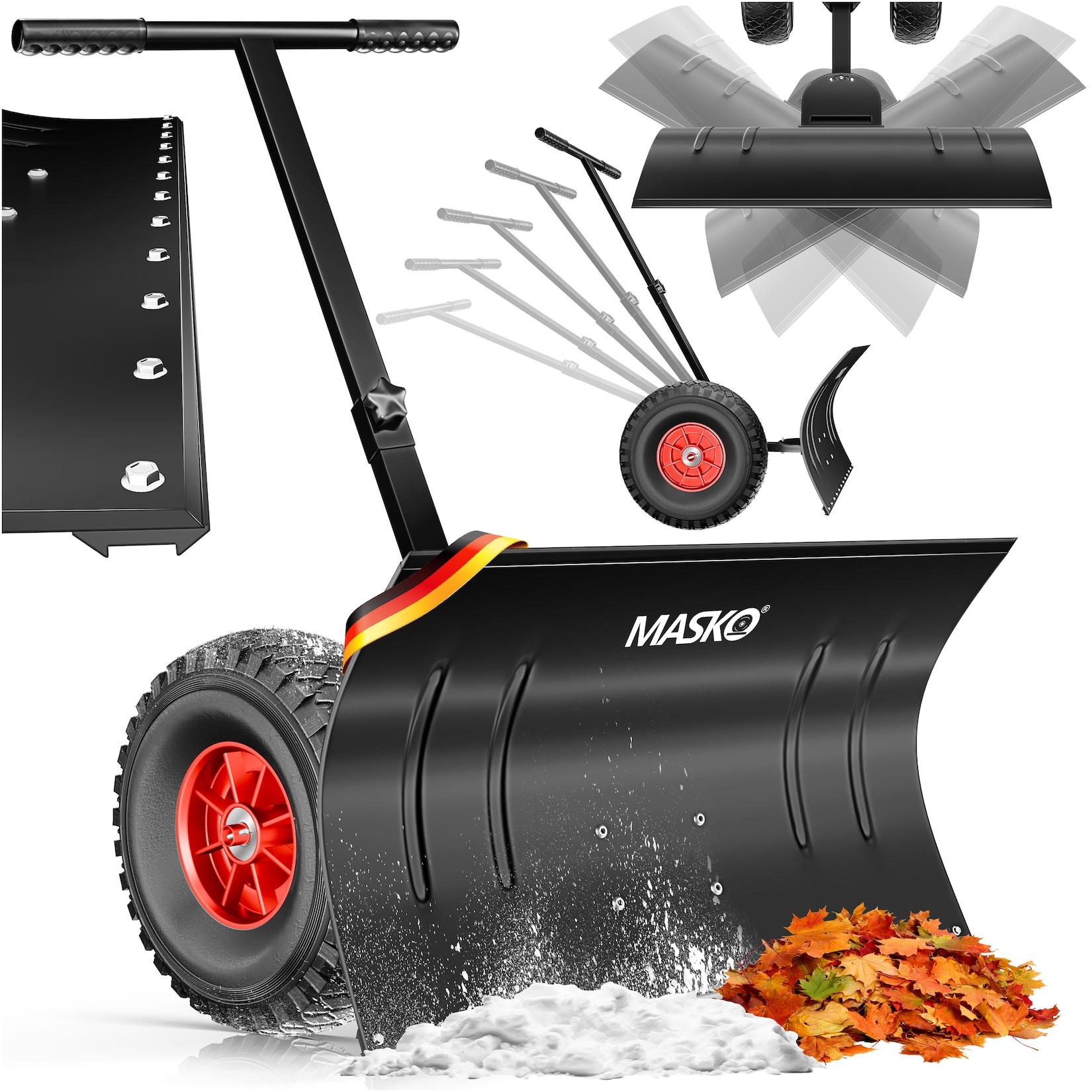 MASKO® Schneeschaufel auf Rädern höhenverstellbar - 5-Fach Höhenverstellbar Schneeräumen, rückenschonender Schneeschieber, Schneeschild 75 cm Arbeitsbreite-Höhe 42 cm, platzsparend zusammenklappbar
