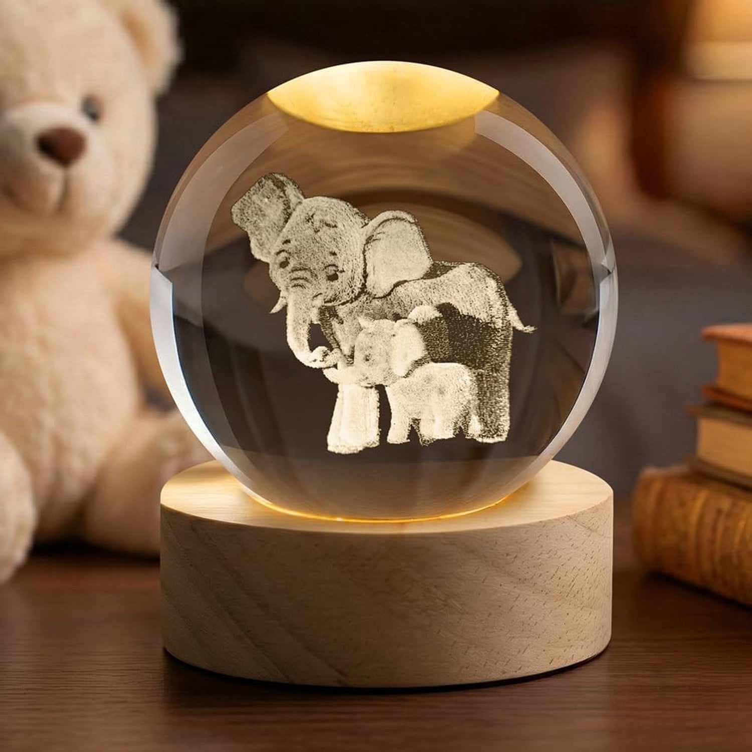 Decoratieve 3D Kristallen Bal met Houten Voet en Verlichting via USB