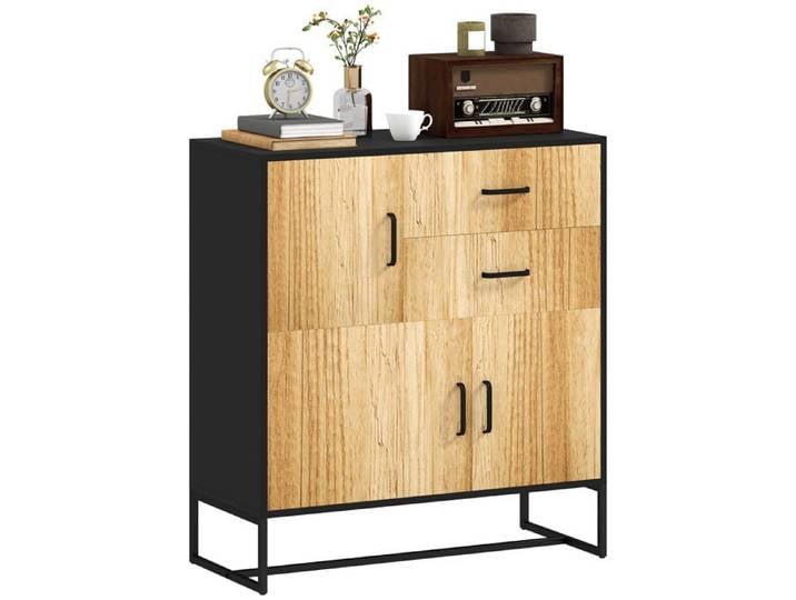 Credenza Moderna Buffet Multiuso 3 Armoires et 2 Tiroirs Acier et Bois 80x35x85 cm Noir et Bois