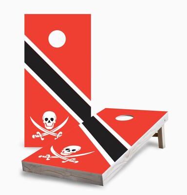 Skip's Garage Skull and Sword with Stripes Corn Hole Board Set with Hole Lights