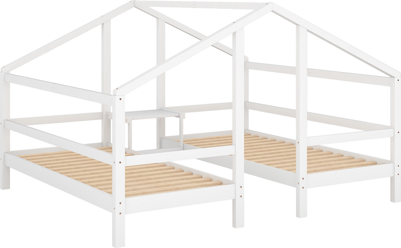 Hausbett,Zwei Einzelbett,Kinderbett(Weiß)im Hausbettdesign mit Nachttisch und Lattenrost Jugendbett 90*200 mit Rausfallschutz