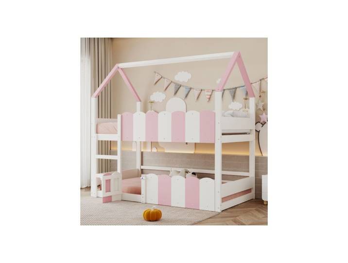 Lit superposé enfant 90 x 200 cm avec 1 sommier à lattes lit cabane pour les garçons et les filles Cadre en bois Rose