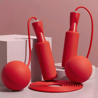 On Spot Shop Fitness Jump Rope With Big Ball, Heavy Cordless Skipping Rope For Fat Burning, Suitable For Household Indoor Sports two Purpose red