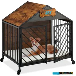 Relaxdays Hundekäfig für Zuhause mit Rollen Dunkelbraun,Grau,Schwarz
