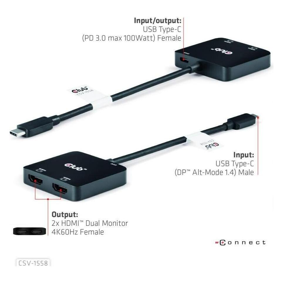 Club 3D Club3D MST-Hub USB 3.2 Typ C > 2x HDMI 4K60Hz +100W PD St/Bu retail (USB-C, 3 Ports) (CSV-1558)