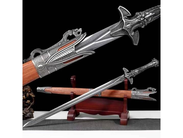 【 Schönheit kalter Waffen】Musterstahl chinesisches schwert，Natürliche Drachen-Phönix-Sandelholzscheide,Handgeschmiedetes gerades Schwert,echtes Katana für Geschenke,Ausstellungen,Cosplay–104 cm