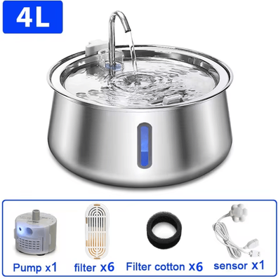 Inspire Curations PureFlow 4L Stainless Steel Pet Water Fountain Ultra Quiet Automatic Water Dispenser For Cats & Dogs set A 4l