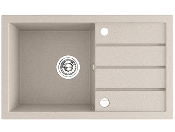 KOLMAN Granitspüle 48x79 cm T.III Spülbecken Einzelbecken Beige mit langer Abtropffläche, platzsparender Siphon
