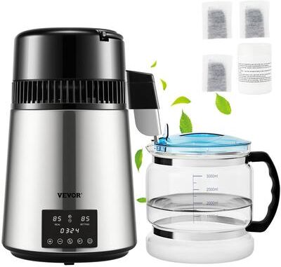VEVOR 1.1Gal Water Distiller 0.3Gal/H Distilled Water Maker Machine 750W 0-99H Timing Dual Temp Display Stainless Steel