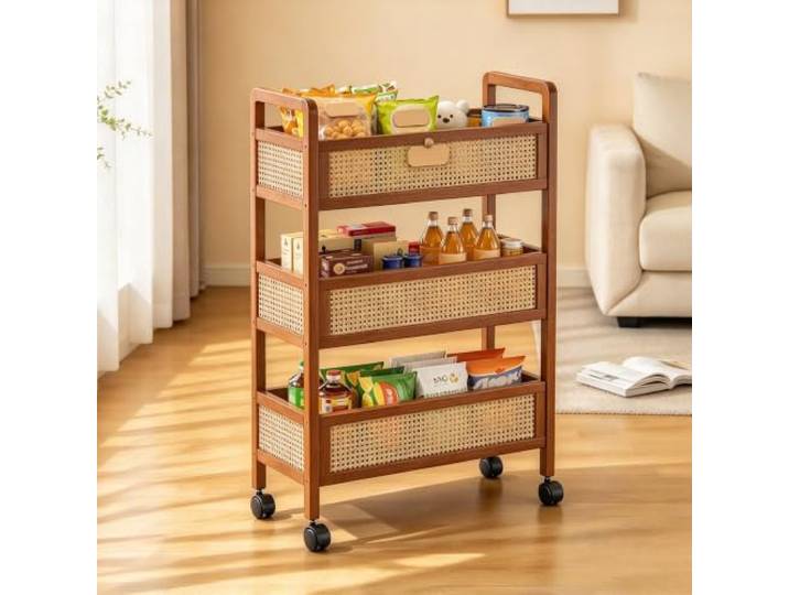 Massivholz Rollwagen, 3 Ebenen mobiler Aufbewahrungs-Organizer für Küche Massivholz-Struktur, 360-Grad-Lenkrollen, platzsparendes Design, vielseitig einsetzbar(27.6 (70CM)L)