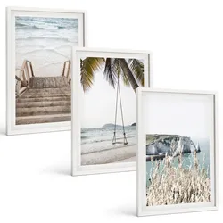 BILDER SET 3er Set - 40x60 cm Weißer Rahmen - Strandtreppe aus Holz, Schaukel
