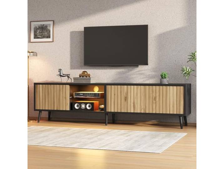 175cm TV Schrank Holz, Lowboard Stehend Für 75 Zoll Fernseher - Fernsehboard Mit 3 Türen und Glasablagen - TV Board für Wohnzimmer,175cm a