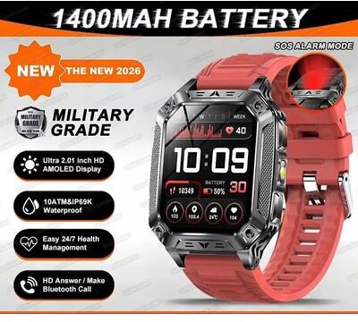 Uplift Essentials "TANK Ultra Military Smart Watch 1400mAh Battery & 2.01"" AMOLED 10ATM Waterproof GPS Tactical SmartWatch red"