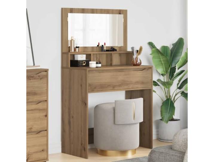 Schminktisch Aus Holzwerkstoff Artisan-Eiche 80x39,6x135 cm Mit Schubladen Kugellager-Schubladen, robuste Holzwerkstoff-Konstruktion, rechteckige Form, viel Stauraum, Wandbefestigung empfohlen