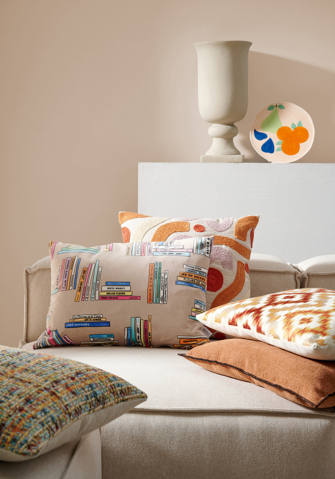 home24 Sierkussen Carta beige/multicolour met grafisch patroon, 45 x 45 cm, polyester