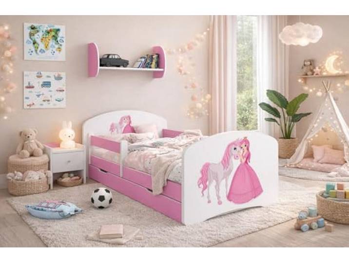 Happy Babies Kinderbett Happy Kinderbett mit Rausfallschutz und Bettschublade Bett für Mädchen 160x80 mit Matratze 80 x 160 Weiß Rose Bett Prinzessin