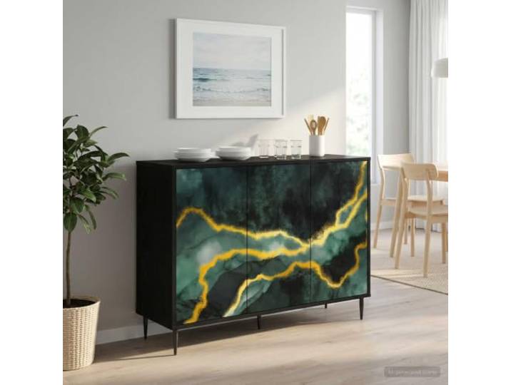 Jkghdrt Sideboard WIJHE Schwarz Eichen-Optik 102 x 33 x 76 cm Holzwerkstoff Stauraum mit dekorativem Muster, erhöhte Füße, pflegeleichte Oberfläche, Montage zu zweit empfohlen