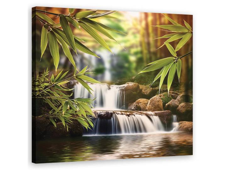 Feeby Wandbild wasserfall zen steine, Grün, Orientalisch, Rechteckig, 50x50 cm, Bilder & Rahmen, Bilder, Leinwandbilder