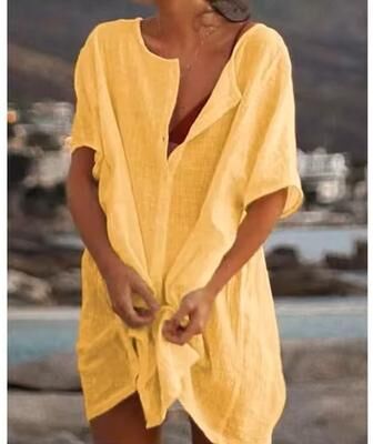 Uplift Essentials Cotton Linen Oversized Summer Blouse Vintage Short Sleeve Button Down Shirt For Women m yellow