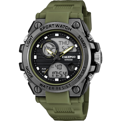 Chronograph CALYPSO WATCHES "Street Style", grün, Armbanduhren, Herren, Chronograph, Quarzuhr, Armbanduhr, Herrenuhr, analog, digital, Tag, Wochentag