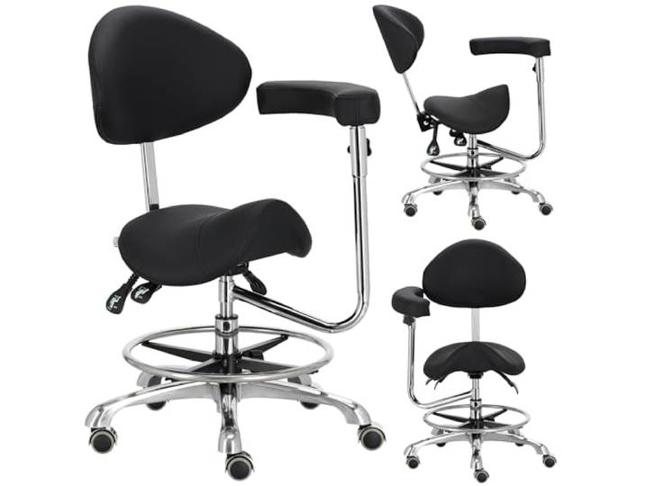 Calissimo Kosmetischer Friseurstuhl Sattel mit Rückenlehne und Armlehne Hocker SPA mobil