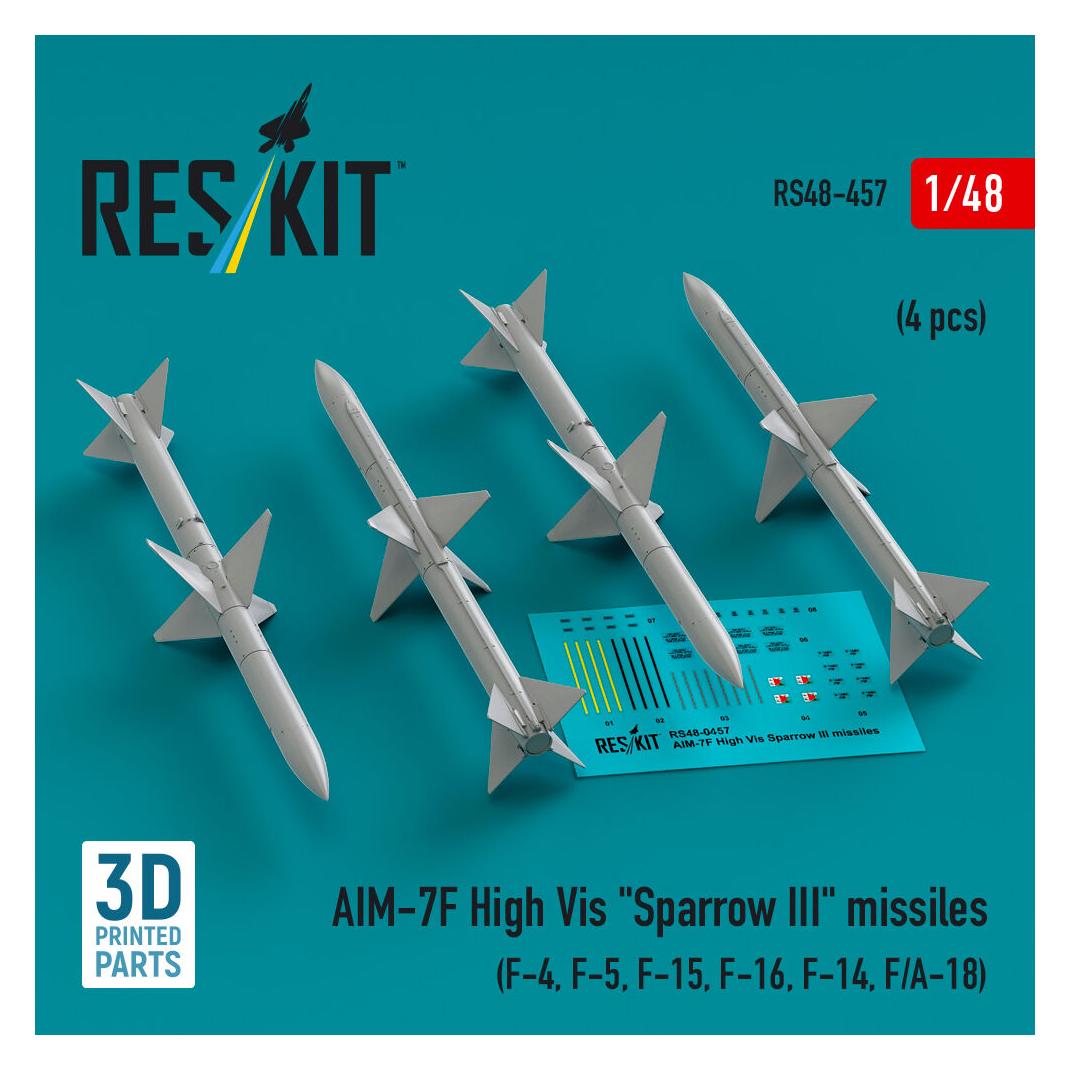ResKit AIM-7F High Vis Sparrow III missiles (4 pcs) (F-4, F-5, F-15, F-16, F-14, F/A-18) (3D Printed) (RS48-0457)
