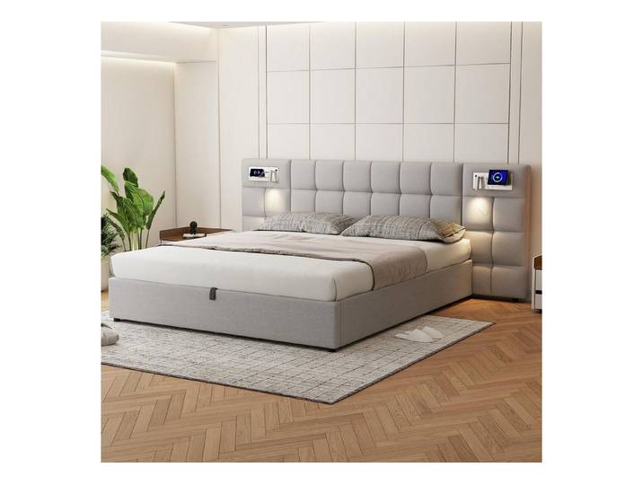 HAUSS SPOLE Polsterbett 180x200cm mit USB-Anschluss, Kabelloses Laden, Leselicht, Leinen, Grau