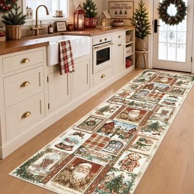 BLUEBELL Washable Christmas Runner & Area Rug, Vintage Postal‑Stamp Xmas Design
