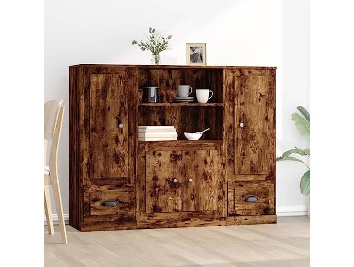 RJPLMFV Anrichte, 3-teilig, Eiche, rauchfarben, Holz Geräumige Aufbewahrung, minimalistisches Design, Wandbefestigung inklusive, elegantes Möbelstück für Wohnzimmer